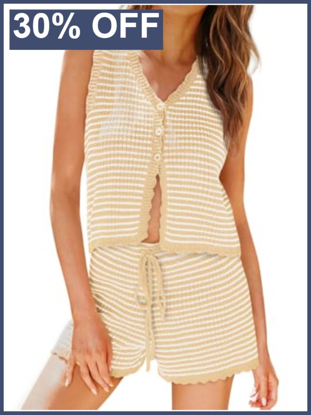 Womens 2 Piece Knit Shorts Set Striped Sleeveless V Neck Button Up Casual